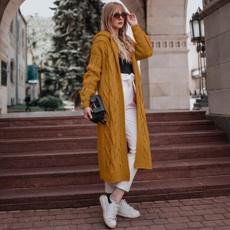 Autumn and Winter New Solid Color Hooded Long Cardigan Sweater Women's Twist Knitted Sweater