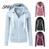 Zipper Hooded Jacket Fall Winter Women Drawstring Zip-up Long Sleeves Pure Color Track Coat Slim Fit Elastic Cuff Cardigan Pockets Sport Fitness