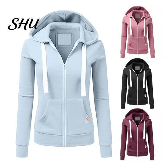 Zipper Hooded Jacket Fall Winter Women Drawstring Zip-up Long Sleeves Pure Color Track Coat Slim Fit Elastic Cuff Cardigan Pockets Sport Fitness