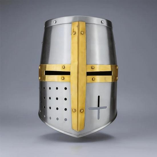 

Ручной работы Средневековый великий шлем XIV века Идеально подходит для ярмарки эпохи Возрождения, косплея, LARP, костюма на Хэллоуин Аутентичная реплика стальных доспехов