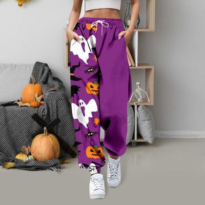 Pantaloni de sport pentru femei, cu talie înaltă elastică, cu șnur ajustabil, pantaloni de jogging, pantaloni de fitness cu imprimeu de dovleac de Halloween