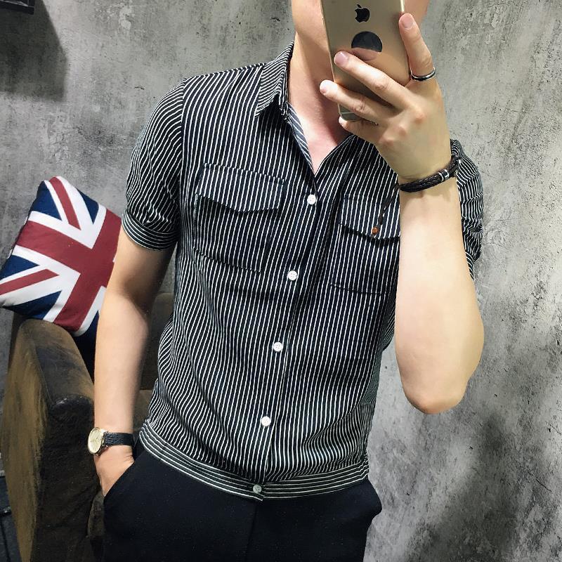 Summer Fashion Versatile Casual Slim Fit Korean Edition Polo Collar Stripe Single Breasted Panel Pocket Short Sleeve Shirt
