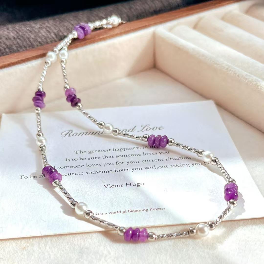 Vintage Romantic Purple Quartzite Faux Crystal Pearl Clavicle Chain Necklace