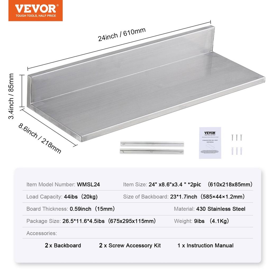 8.6" X 24" Stainless Steel Shelf, Wall Mounted Floating Shelving with Backsplash, 44 Lbs Load Capacity Commercial Shelves, Heavy Duty Storage Rack for
