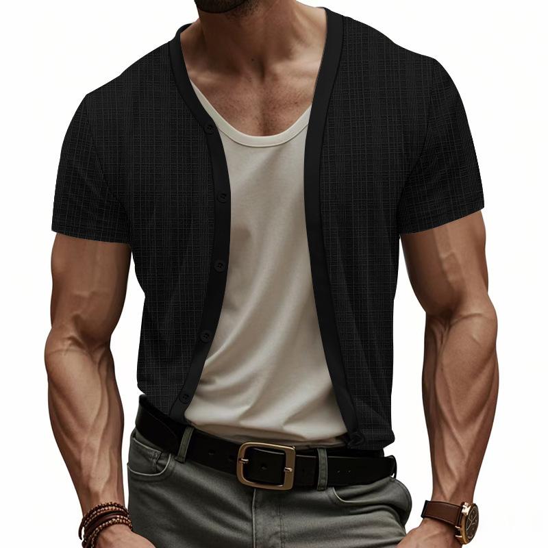 Imitation Mazhujun Summer Men's Casual Breathable Button V-neck Cardigan Short Sleeve Comfort T-shirt