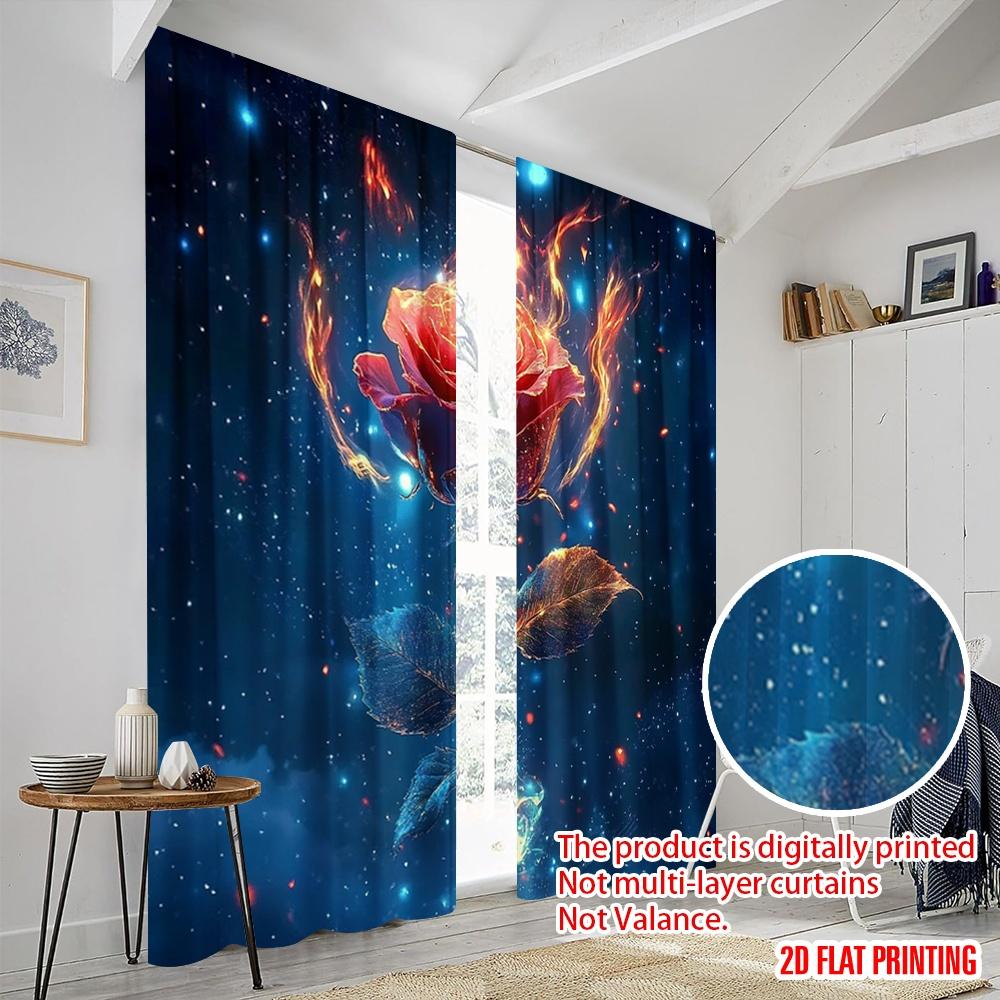 2pcs 2D flat printing Curtain A burning rose Polyester Fabric Without Electricity Holiday Decorations Use for Outdoor Holiday