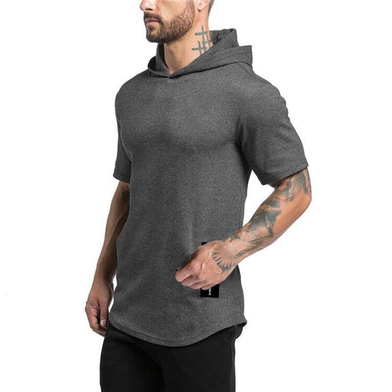 Muscleguys Brand Men Clothes Design Short Sleeve Slim Fit T Shirt Men Cotton T-Shirt with Hoodies Fitness Gyms Hooded T-Shirt Male