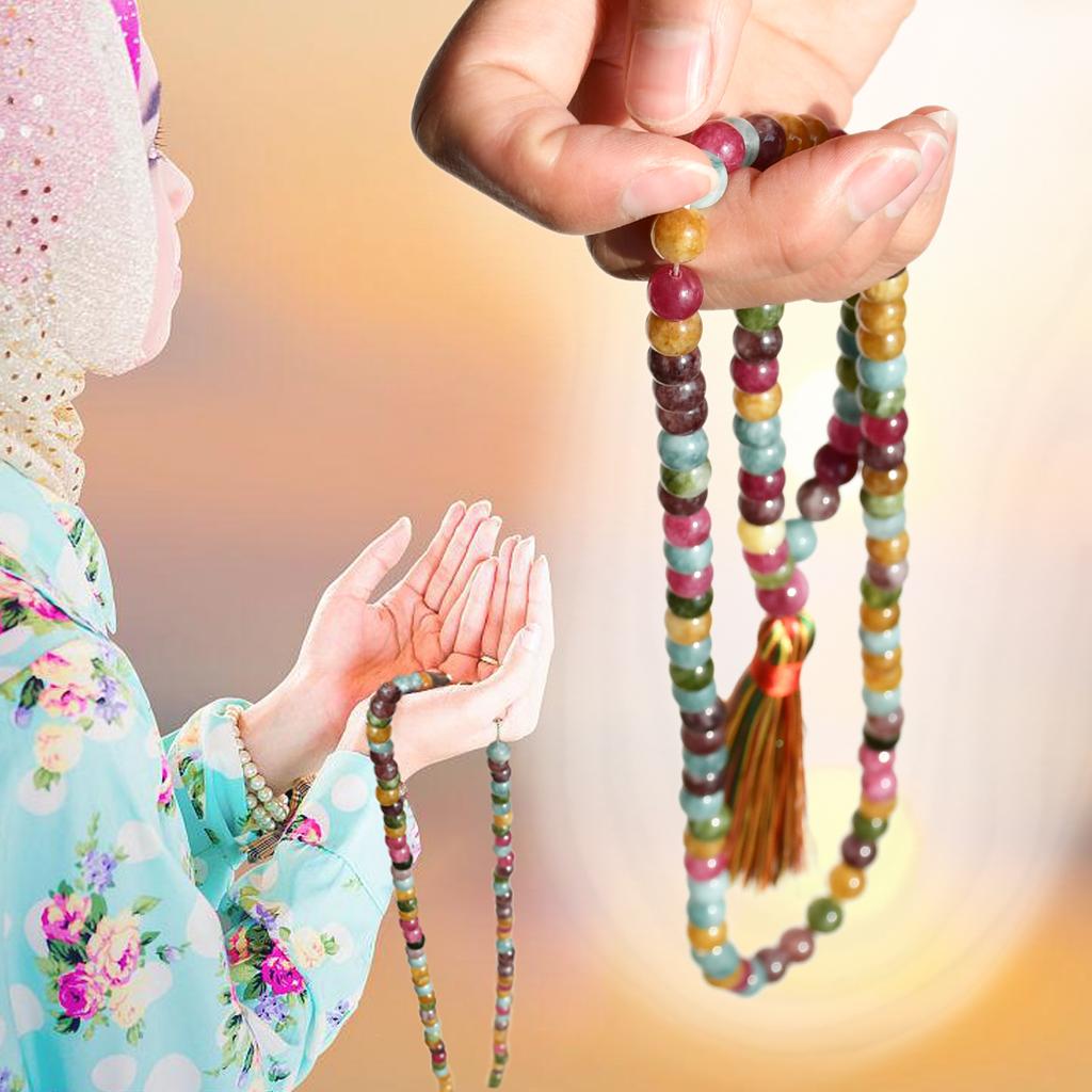 Bohemain Natural Stone Colorful Stone 99 Beads Long Necklace Silk Tassel Pendant Handmade Beaded Hoilday Zircon Gift