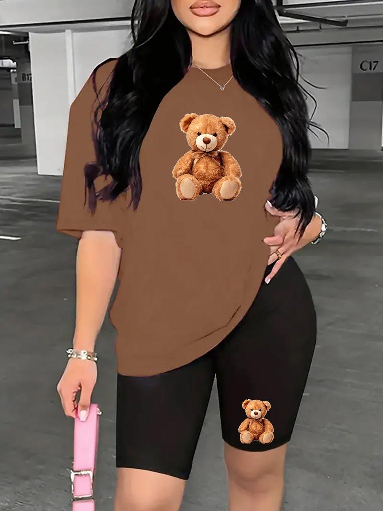 Bear standard size European and American women's clothing lip printing T-shirt shorts set sports suit