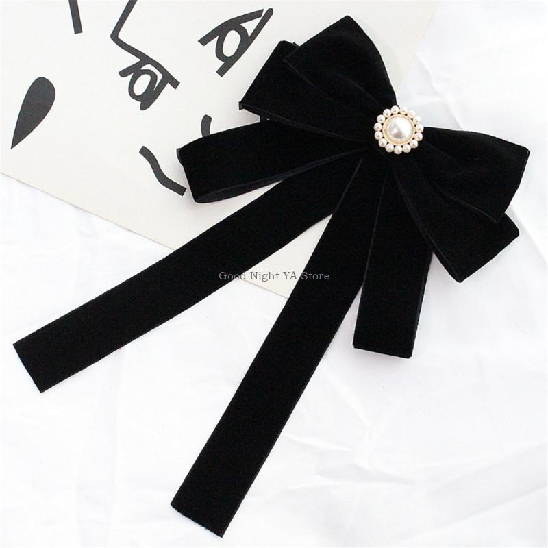 Luxurious Velvets Bows Tie For Women Sparkling Crystal Pearls Pre Tied Bows Clip