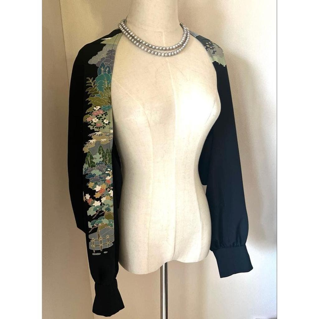 Used No.329 Original Work Black Tomesode Remake Bud Bolero & Stole M~2L Size Length 50