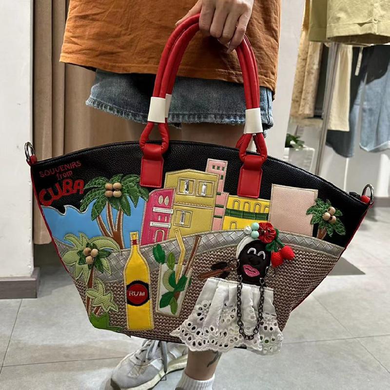 Printemps Nouvelle Mode Grand Sac Fourre-Tout Créatif Épissage Brodé Sacs à Bandoulière pour Femmes Sac Panier Haute Capacité Européen Américain Rétro Sacs à Main pour Dames