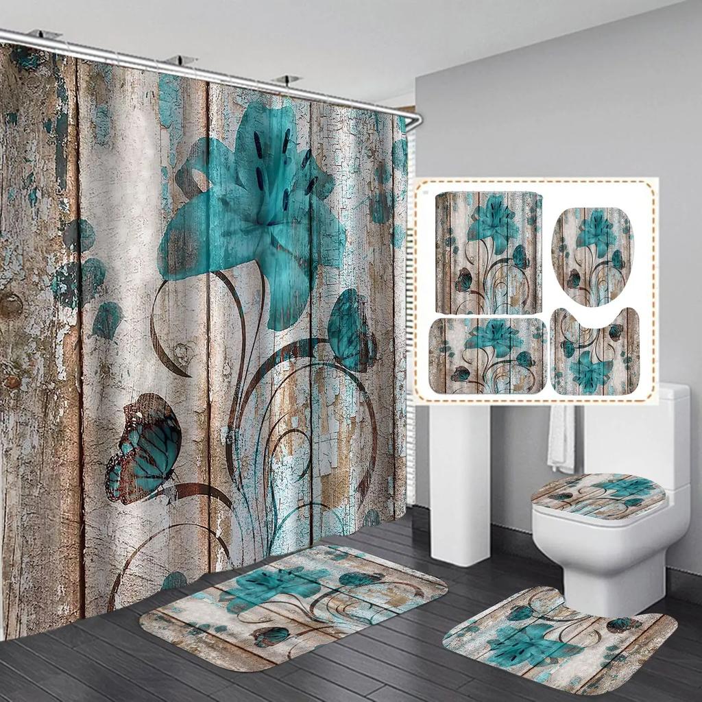 Butterfly Daisy Sunflower Shower Curtain Sets Retro Floral Vintage Country Farmhouse Flower Rustic Wooden Bathroom Decor Sets