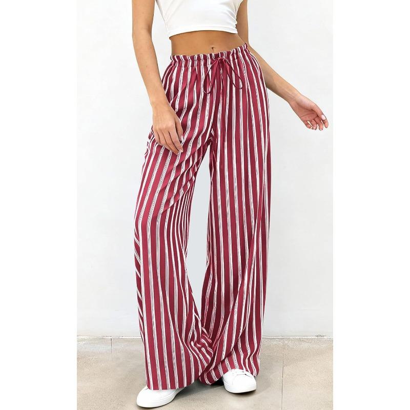 Women Striped Loose Commuting Casual Elastic Waist Wide-Leg Trousers