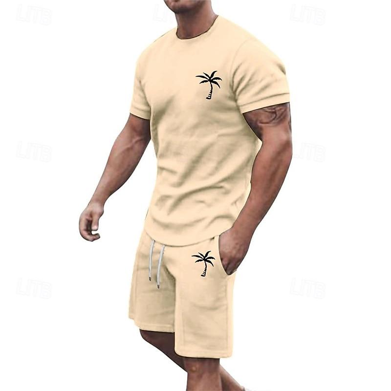 Men's T-shirt Suits 2 Pieces Outfits Tee & Shorts Short Sleeve Crew Neck Summer Coconut Tree Fashion Casual 2 Piece