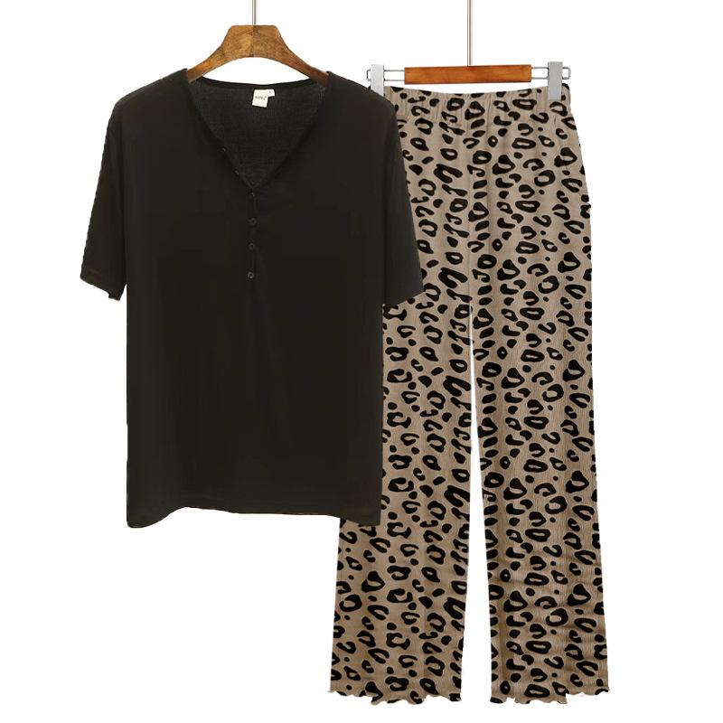 Women's Modal Pajama Sets Summer Short Sleeve Tshirts and Pants Fashion Leopard Homewear Suit Plus Size Loose Casual 2pcs Clothing