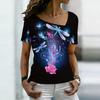 Women Square Neck Short Sleeve Top Vibrant Rainbow Oil Painting Butterfly Print Blouse