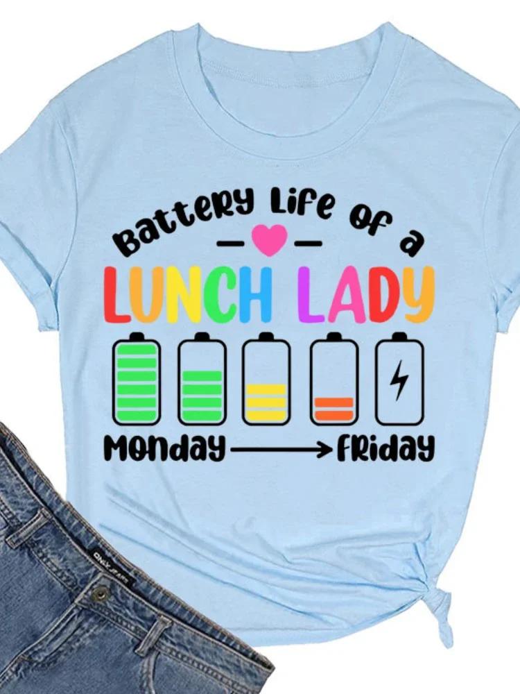 

Срок службы батареи Lunch Lady Print Женская футболка с коротким рукавом и круглым вырезом Свободная женская футболка Женская футболка Топы Camisetas Mujer XXXL небесно-голубой