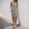 Women's Summer Slit Zebra Pattern Puff Sleeve Off-shoulder Dress