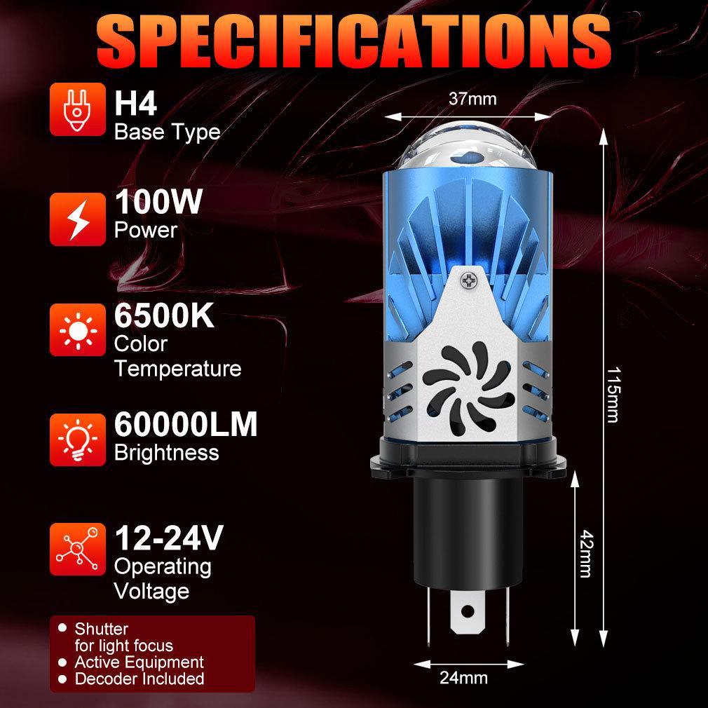2 st H4 LED Dubbla Projektorstrålkastarlampor Canbus HB2 9003 LED Lins Strålkastare 100W 60000LM 6500K Billampor Hi/Low Beam för Auto Motorcykellampa LHD