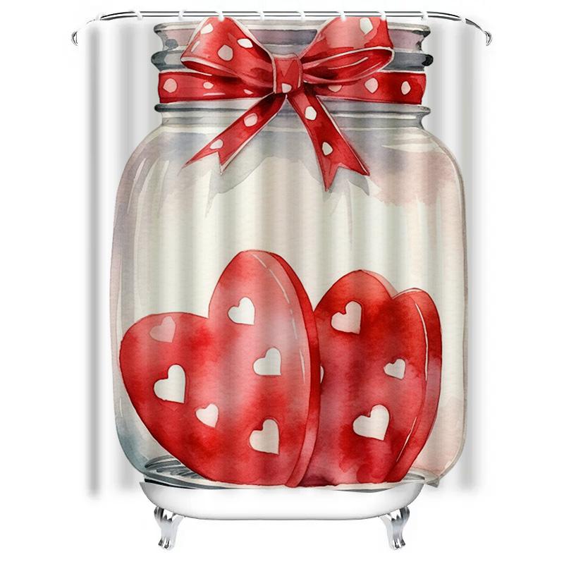 Romantic Red Hearts in Mason Jar Design Waterproof Shower Curtain for Modern Bathroom Decor, Perfect for Home and Hotel Use