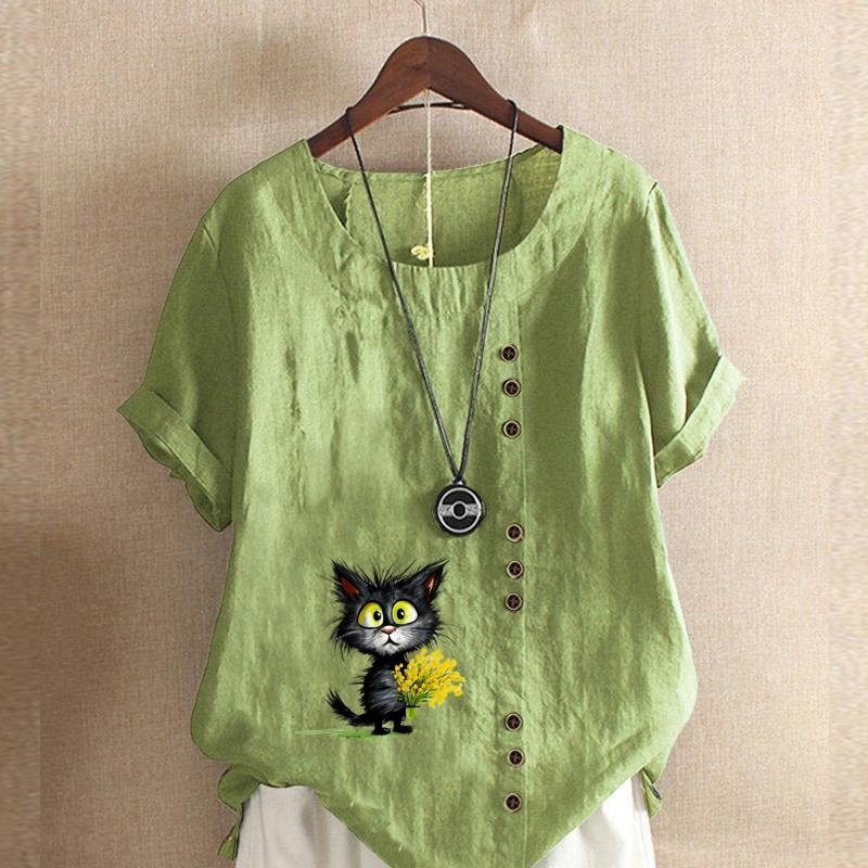 Damenmode Schwarze Katze Blumenmuster Kurzarm T-Shirt Locker Baumwollshirt Lässige Lockere Sommerbluse Übergröße Tops