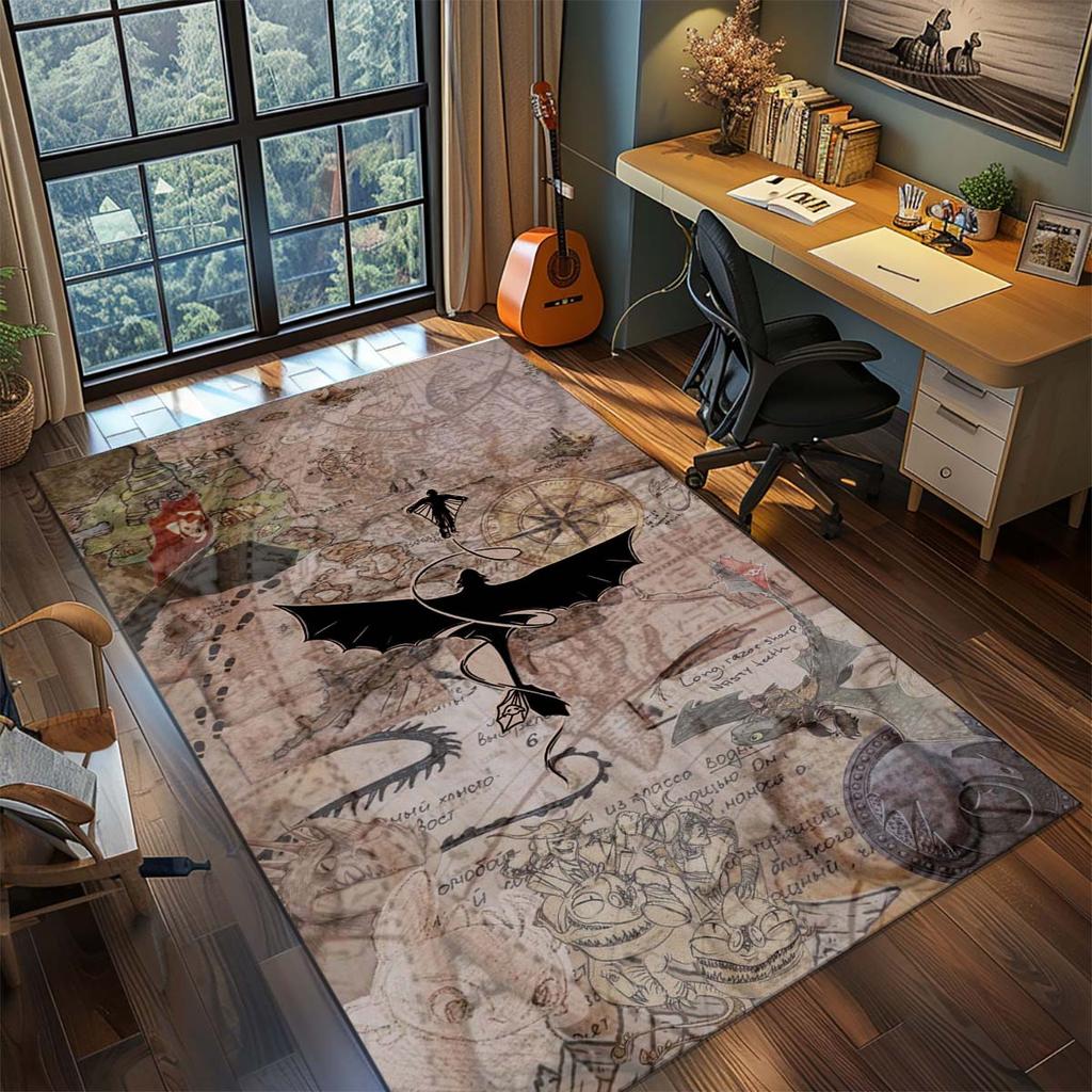Black Dragon Polyester Area Rug Dark Fantasy Fire Dragon Carpet Non Slip Living Room Bedroom Floor Decor -QJY