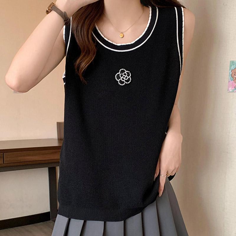 Canottiere Donna 2025 Estate Senza Maniche Girocollo Bianco Nero Lavorate a Maglia Floreali Canottiere Canotte Donna Top JJ240