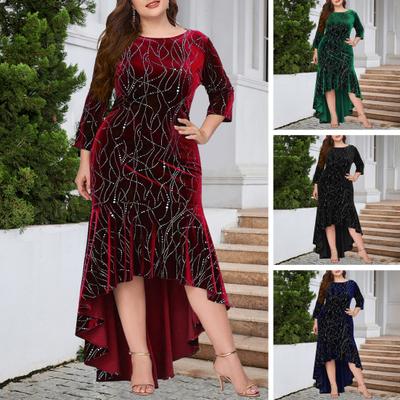 Women Evening Dress Three Quarter Sleeve Irregular Hem Round Neck Plus Size Slim Fit High Waist Swallowtail Elegant Maxi Dress Prom Party Clothes