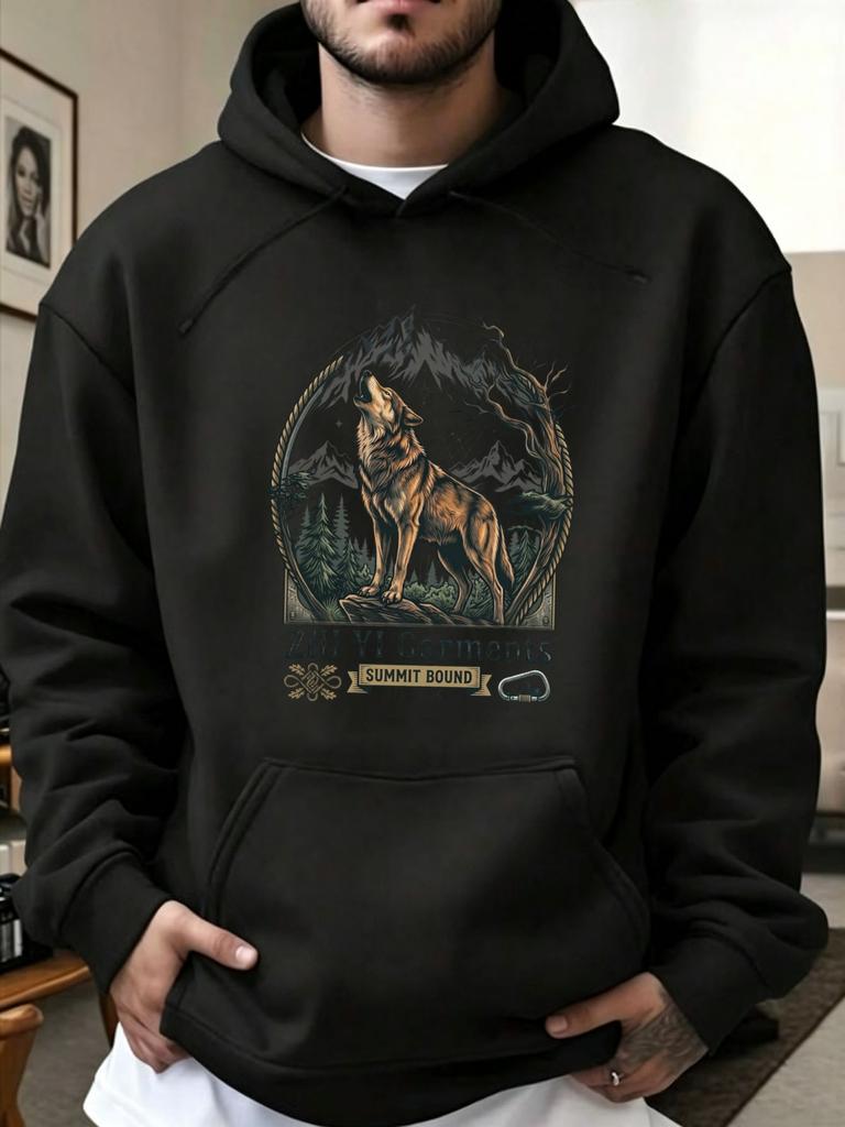 Vintage Style Hoodie, Howling Wolf Mountain Graphic, Outdoor Adventure Fall Winter, Gift for Hikers And Nature Lovers