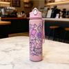750ml Cute Cartoon Pattern Water Bottle, Large Capacity Portable Leak-Proof Tumbler with Carry Strap and Straw for Sporting