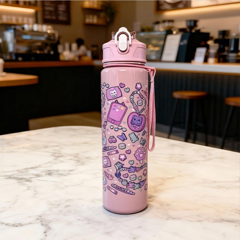 750ml Cute Cartoon Pattern Water Bottle, Large Capacity Portable Leak-Proof Tumbler with Carry Strap and Straw for Sporting