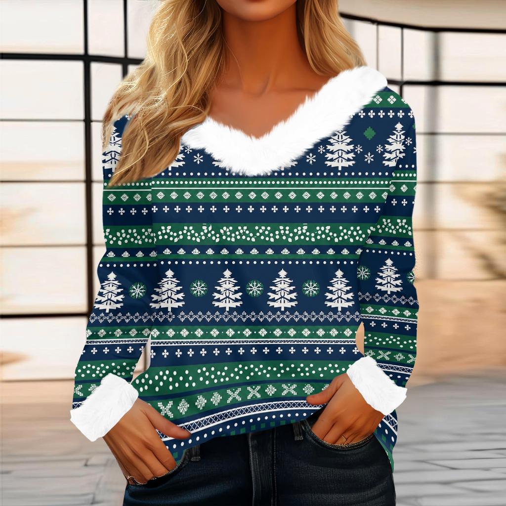 Women's Casual Long Sleeve Christmas Print Top with Plush Collar Holiday Tunic