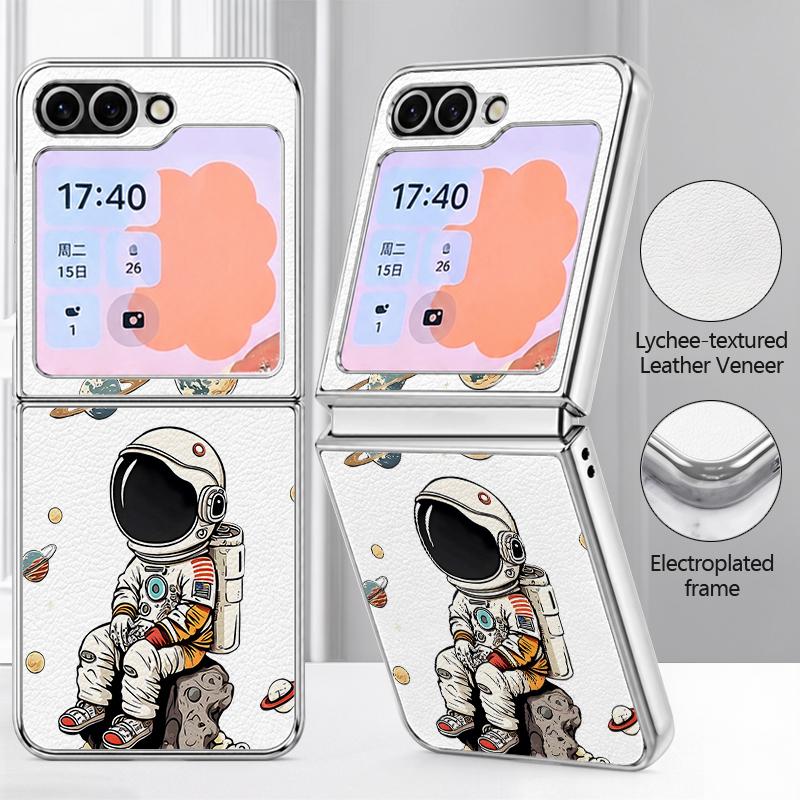 Cartoon Astronaut Pattern Case For Samsung Galaxy Z FlIP 7 FE 6 5 Plating PC+PU Leather Hybrid Folding Cover For Samsung Z Flip7 Flip6 Flip5