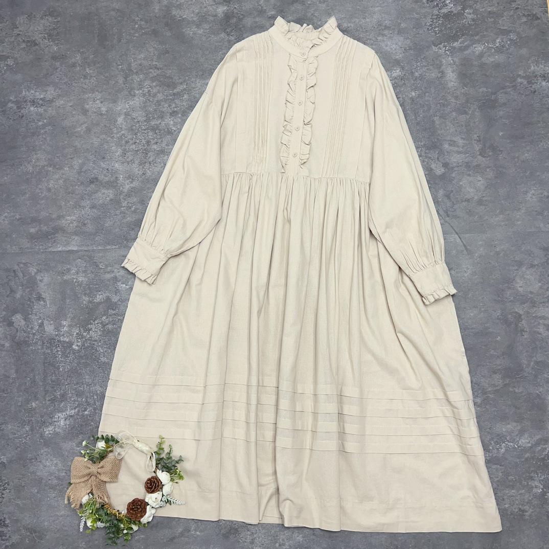 

Japanese Spring New Pleated Forest Dresses 2026 Casual Retro Ruffles Collar Cotton Loose Simple Women Dress One Size хаки