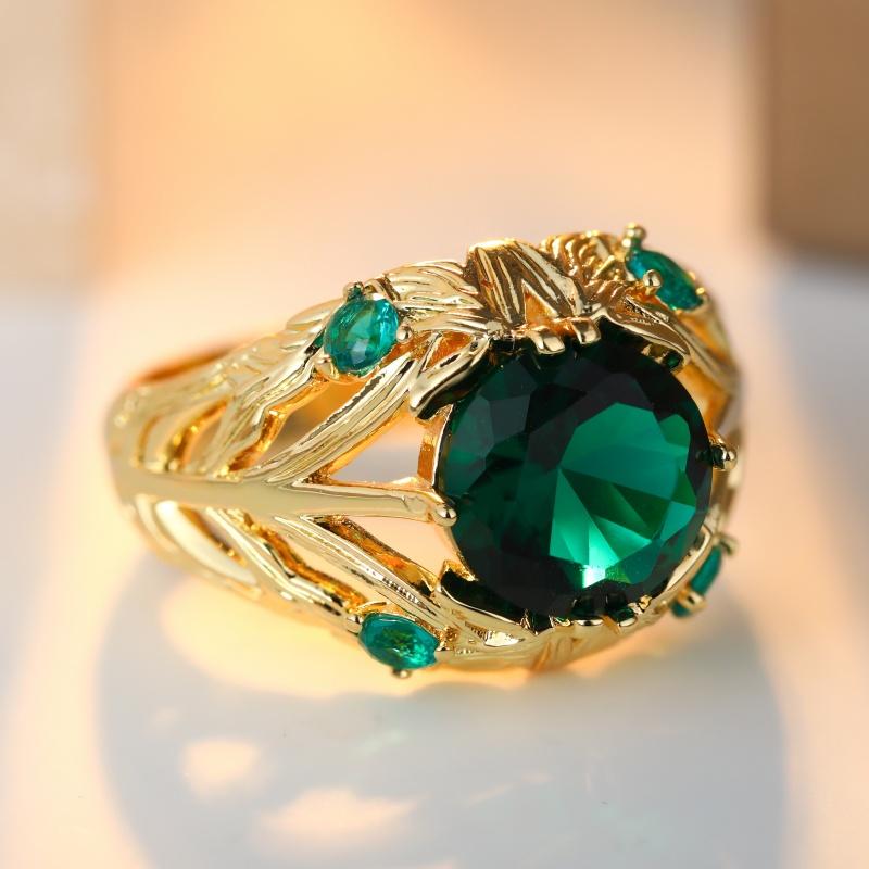 Vintage Inlaid Green CZ Women's Ring Ethnic Gold Color Hand Carving Daily Wear Party Jewelry Anniversary Gift