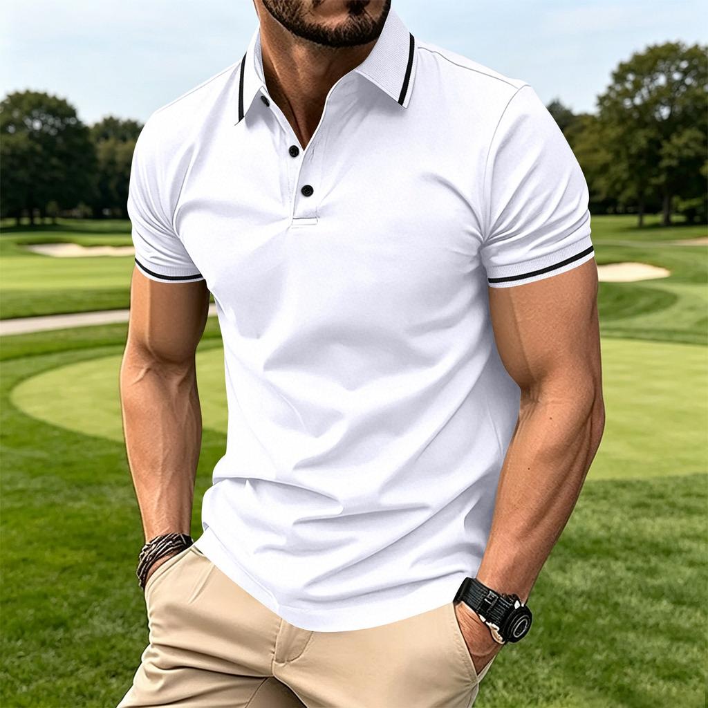 Men's Button Ribbed Collar Polo Shirt Short Sleeve Athletic Fit Casual Lightweight Breathable Fabric Summer Top