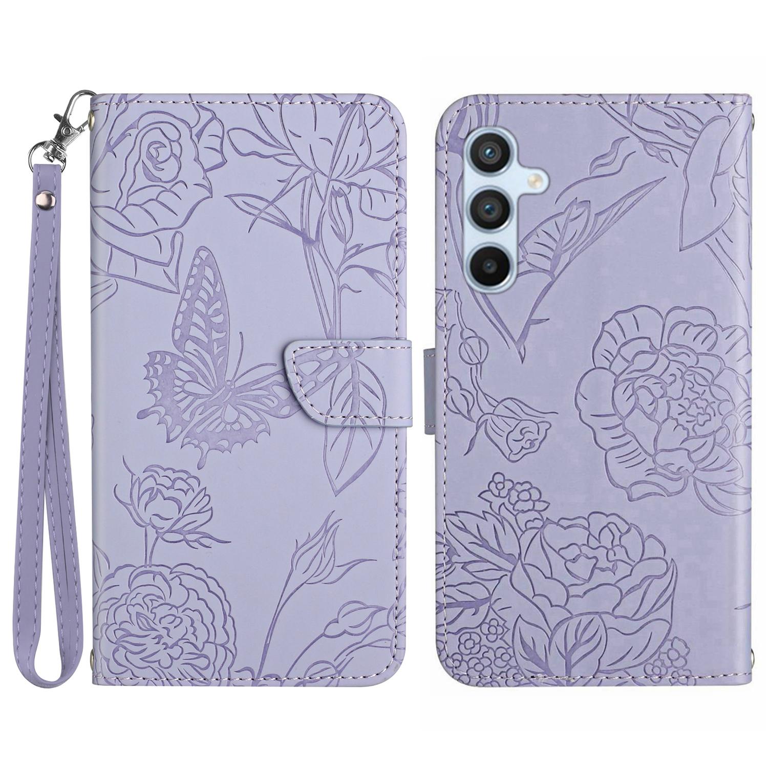 

For Samsung Galaxy A56 5G/M56 5G Case Leather Phone Cover with Strap,Butterfly Flower Imprint Purple