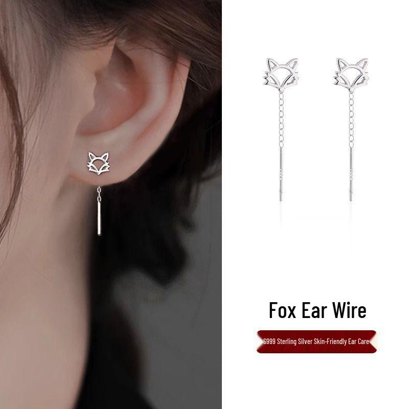999 Sterling Silver Fox Ear Thread High-End Tassel Dangle Earrings for Women