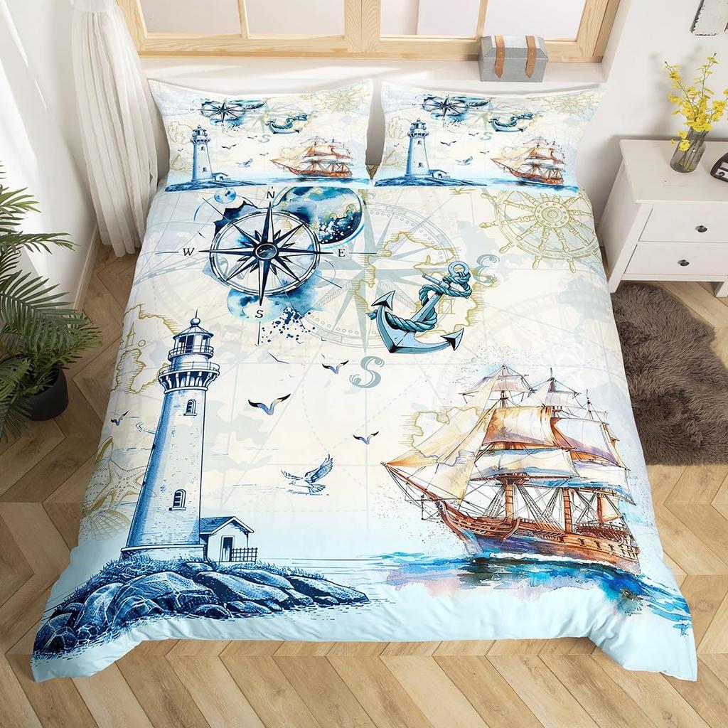 Zestaw poszewek na kołdrę z żaglówką Zestaw pościeli o tematyce morskiej z poszewką na poduszkę Fajny styl dla dorosłych, chłopców, nastolatków Zestawy poszewek na kołdrę
