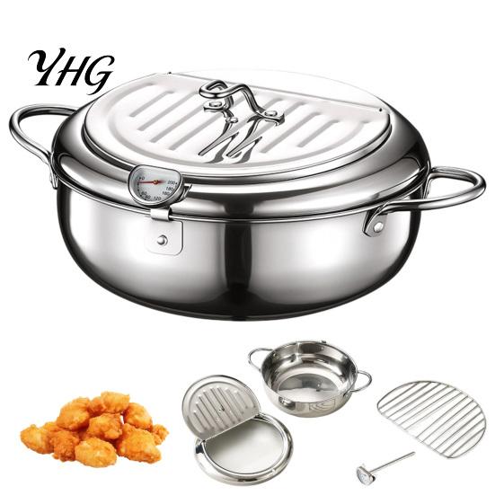 Portable Outdoor Camping Fryer Stainless Steel Stovetop Deep Pot with Thermometer, 2.2/3.2L Multifunctional Non Stick Tempura Frying Easy Clean