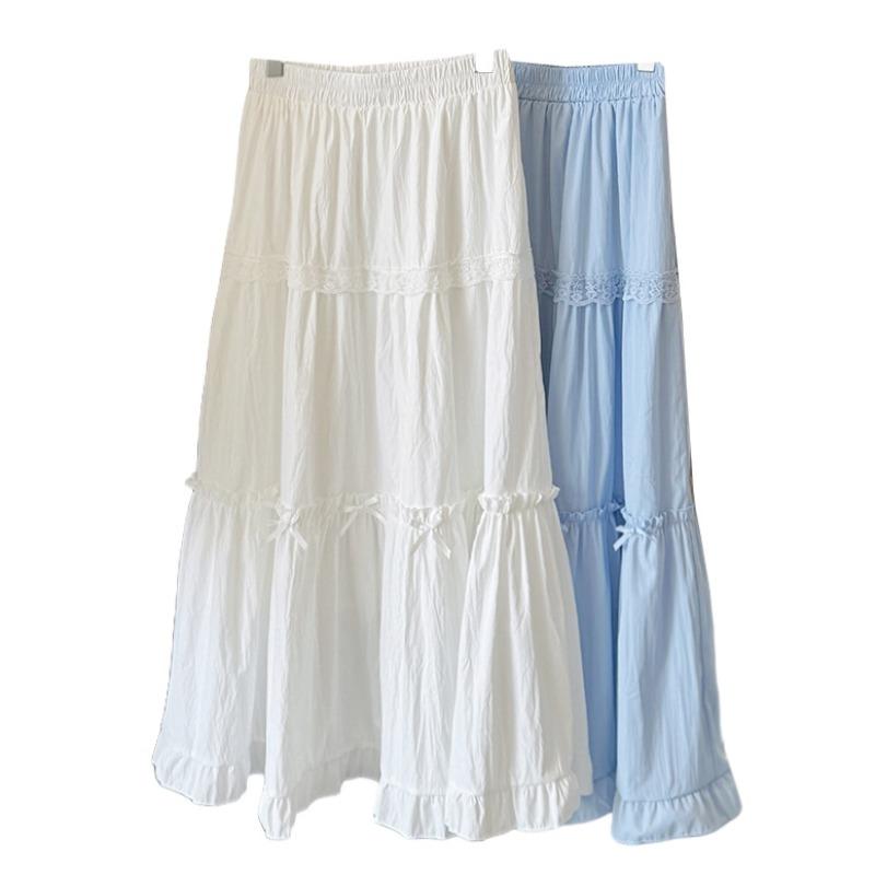 White cake skirt women's summer new j sweet bow high waist thin lace long skirt a word skirt umbrella skirt