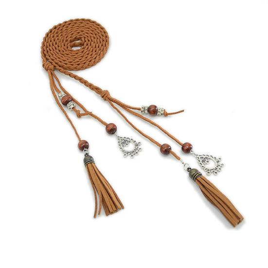 Women Braided Beads Tassels Thin Skinny Waist Rope Belt Self-Tie Dress Waistband