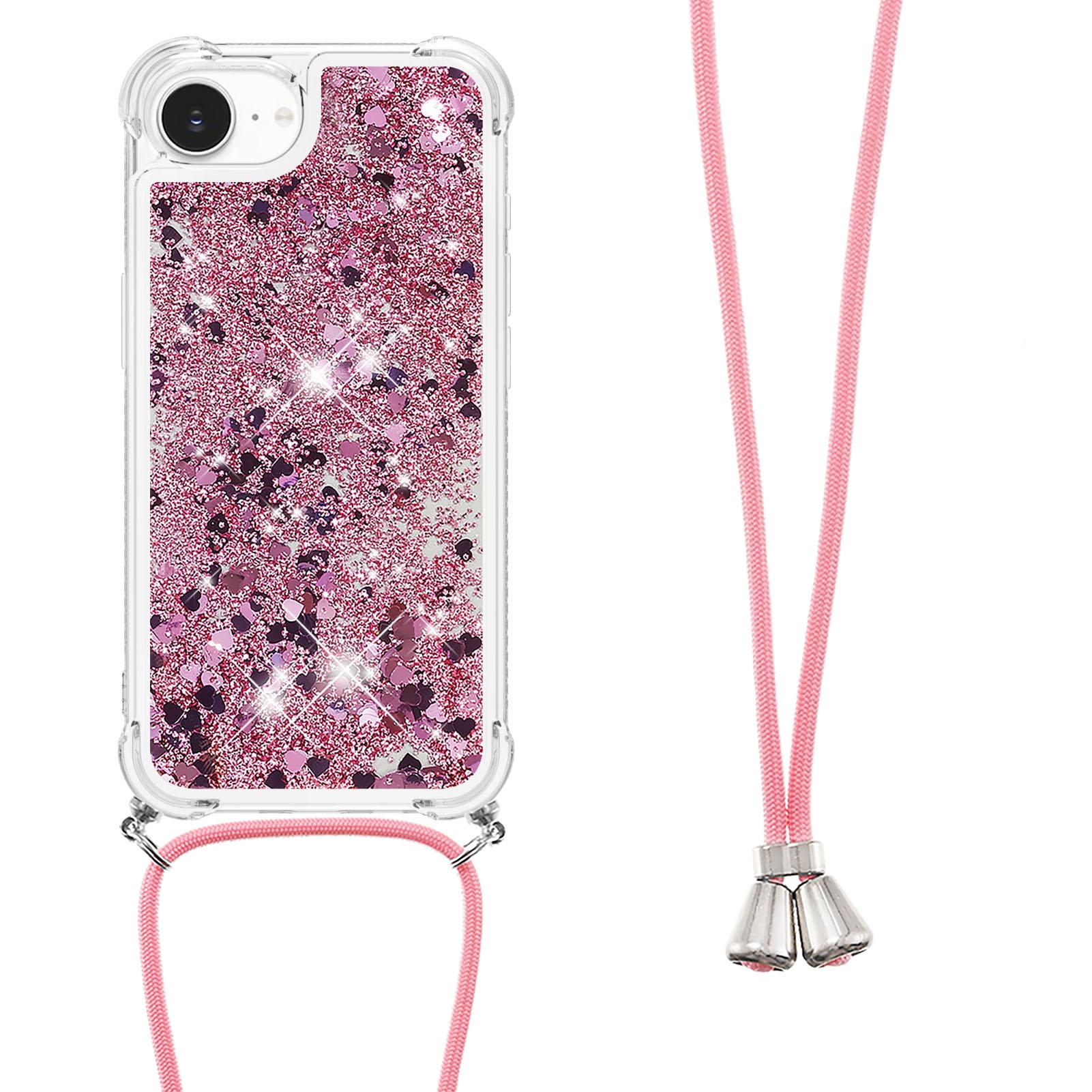 

For iPhone 16e TPU Case Quicksand Design Phone Cover with Lanyard Blue/Hearts