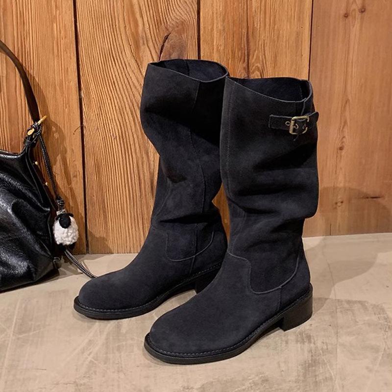 

Maillard but knee boots stacks knight boots women s round head buckle strap thick heel grape mother same leg essence girl 40