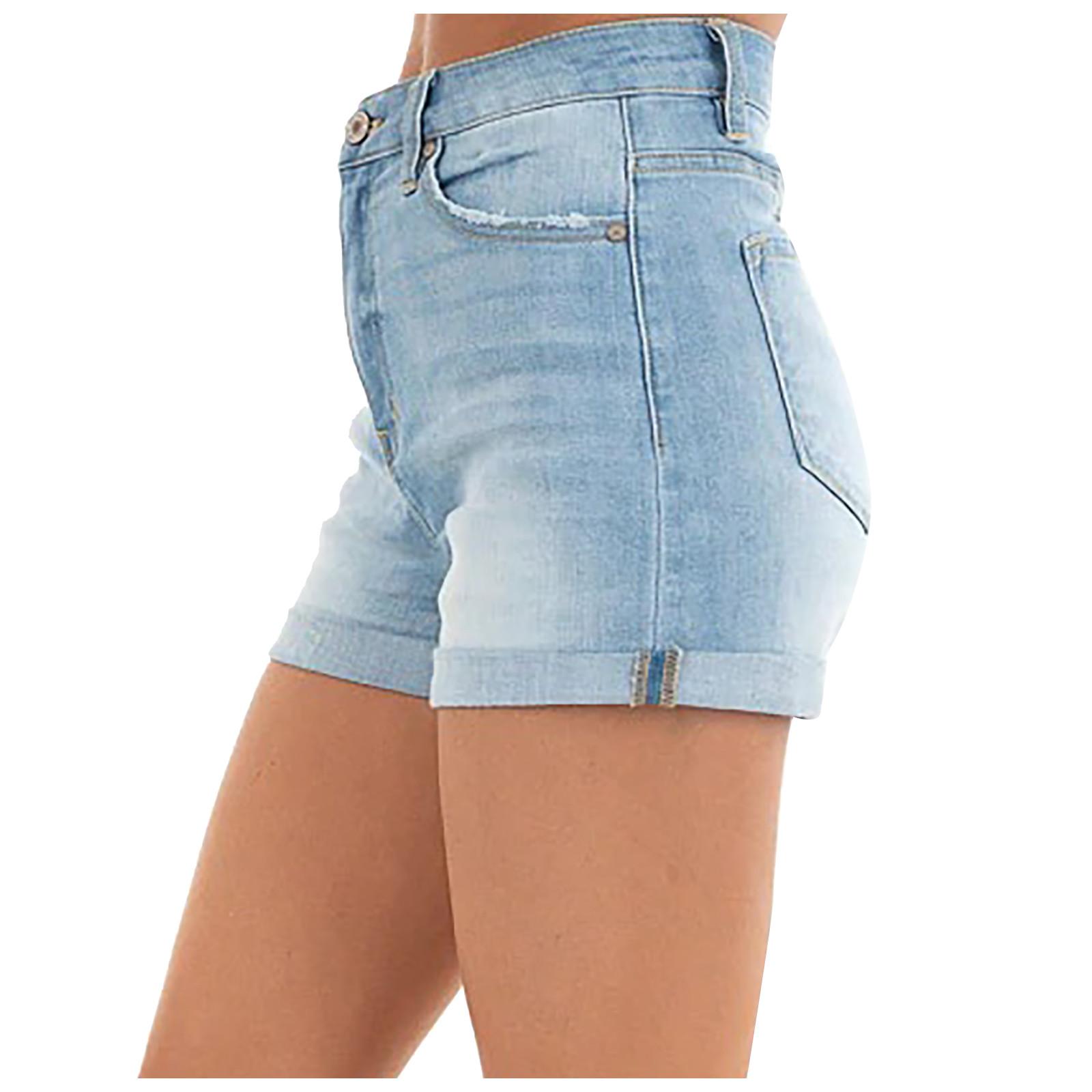 

FGHJ Женские однотонные прямые повседневные джинсовые шорты с высокой талией и закатанными краями