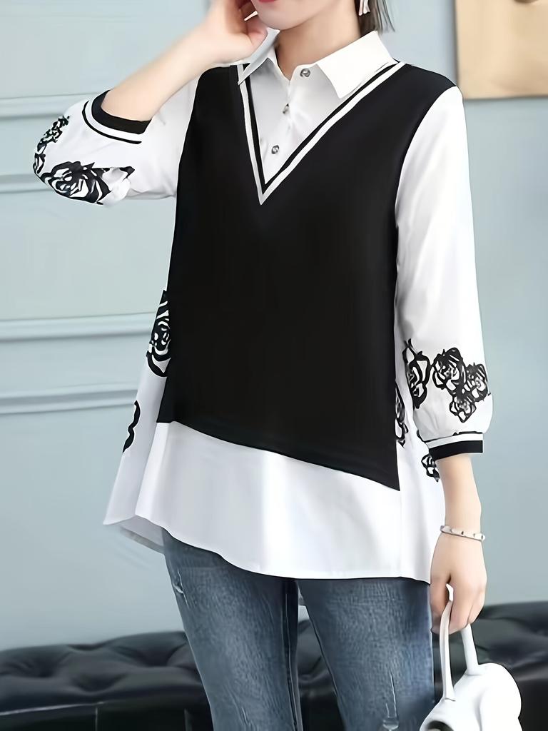 2 In 1 Button Front Blouse, Elegant 3/4 Sleeve Blouse for Spring & Fall, Women's Clothing