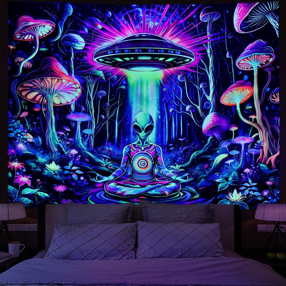 Amonercvita Blacklight Alien UFO Tapestry Neon Mushroom Floral Tapestries UV Reactive Yoga Meditation Tapestry Fantasy Forest Tapestries Wall Hanging