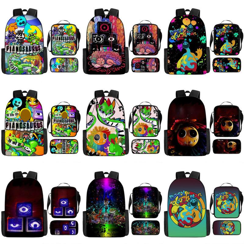 Leather Bag Unisex Kids 3-Piece Set Nightmare Backpack Doey Doughman School Backpack For Students Horror Pianosaurus Bookbag Penbag Yarnaby Shoulderbag