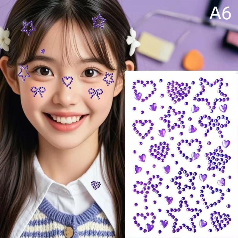 Colorful Face Rhinestone Stickers 1 Sheet Self Adhesive Heart Star Design for School Talent Show Stage Makeup